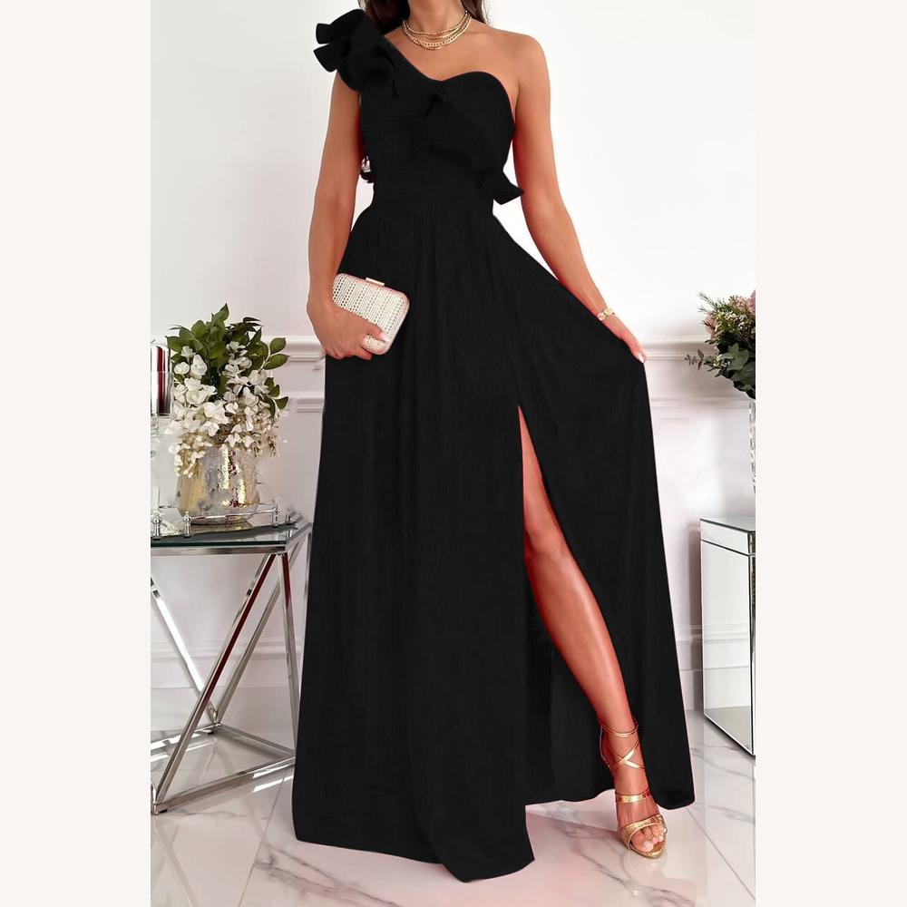 Robe Longue Femme Asymétrique Noire – Élégance Moderne pour Été et Soirées
