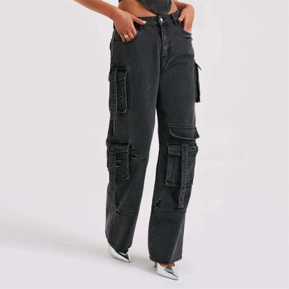 Ensemble Cargo Femme en Denim avec Top Bustier et Pantalon Taille Haute – Style Sport Urbain