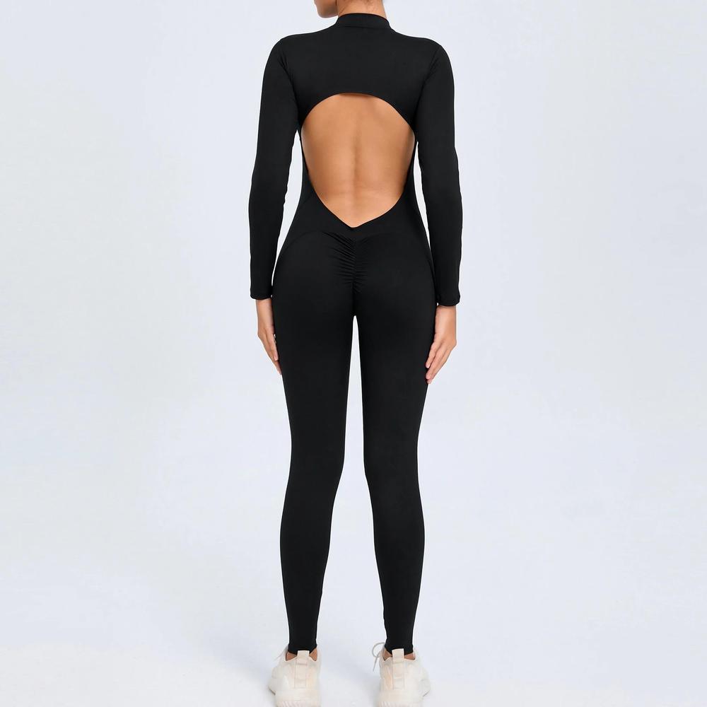 Combinaison Femme Chic Dos Nu avec Manches Longues et Détails Froncés – Silhouette Ajustée et Tissu Extensible