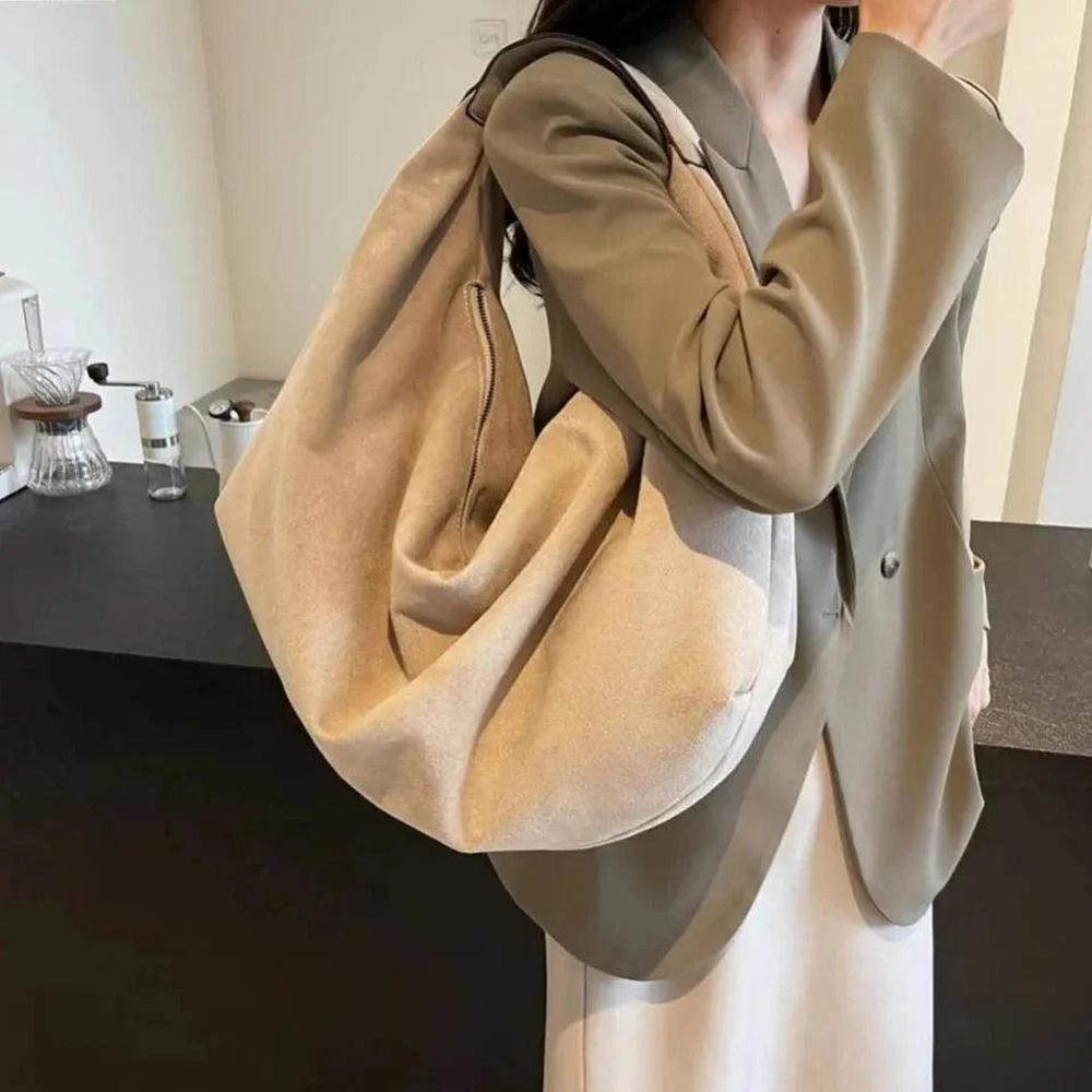 Suede Shoulder Bag for Women – Elegant Slouchy Hobo Bag with Large Capacity and Zipper Closure