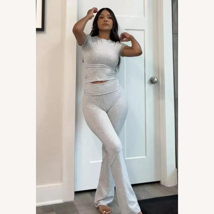 Women's Fitted Lounge Set – Short Sleeve Top and High Waist Flared Pants in Stretchy, Comfortable, and Trendy Fabric