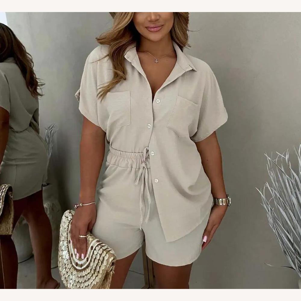 Combinaison Femme Chic Chemise à Manches Courtes Blanc, Légère et Élégante avec Ceinture Ajustable pour l'Été