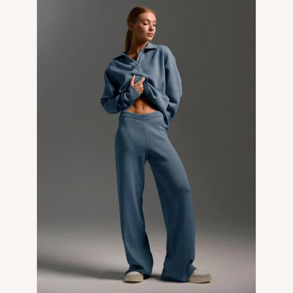 Knitted Lounge Set in Acrylic with Oversized Polo Collar Sweater and Loose Pants – Comfort and Elegance for Women