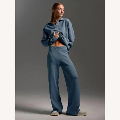 Knitted Lounge Set in Acrylic with Oversized Polo Collar Sweater and Loose Pants – Comfort and Elegance for Women
