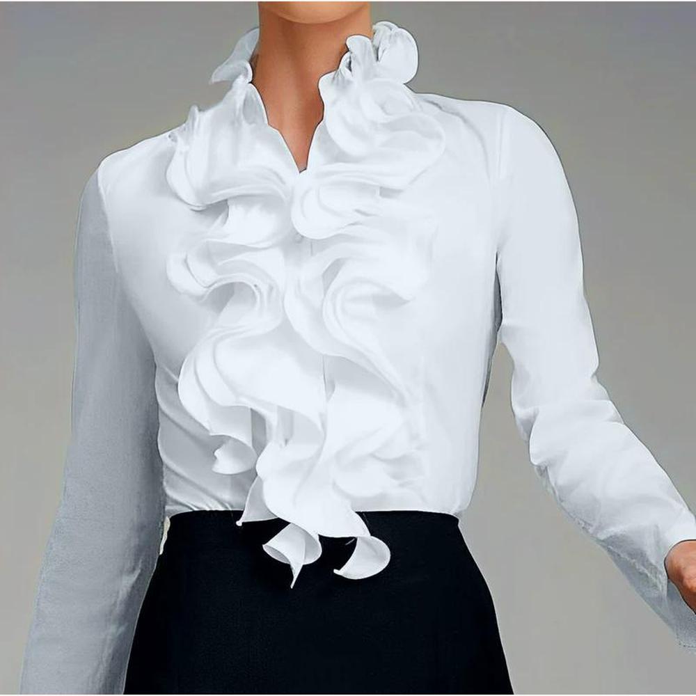 Blouse à Volants Élégante Femme en Polyester, Manches Longues – Chic et Sophistiquée, Idéale pour Bureau et Soirée