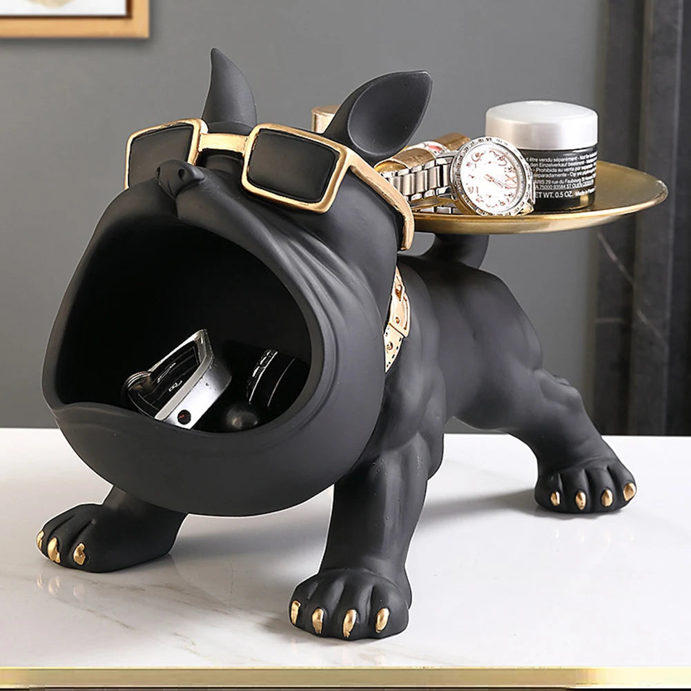 Sculpture de Bulldog en Résine - Support de Clés et Plateau à Bonbons pour Décoration Intérieure