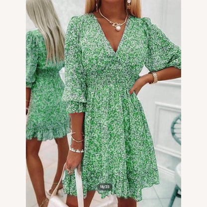 Chic Women's Summer Dress with V-Neck – Comfortable Long Polyester Dress for Summer Days