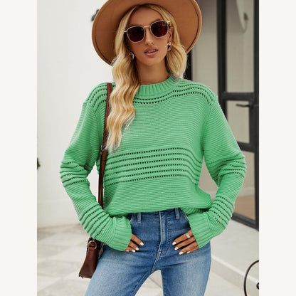 Women's Casual Openwork Pullover Round Neck – Long Sleeves, Oversized Fit, Ideal for Casual and Streetwear