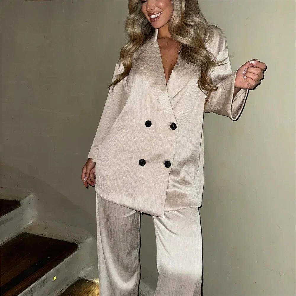 Women's Oversized Satin Suit Set with Double-Breasted Blazer and Wide-Leg Pants – Chic and Elegant