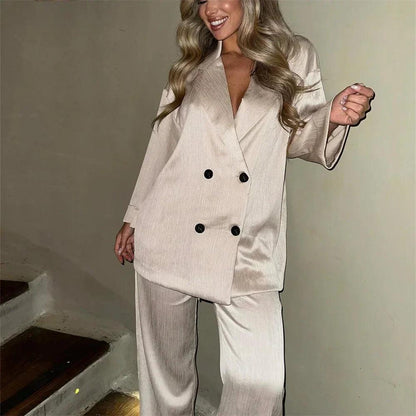 Women's Oversized Satin Suit Set with Double-Breasted Blazer and Wide-Leg Pants – Chic and Elegant