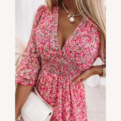 Chic Women's Summer Dress with V-Neck – Comfortable Long Polyester Dress for Summer Days