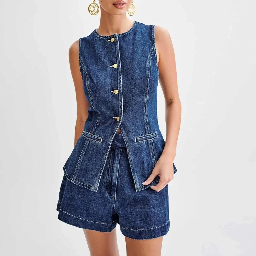 Women's Denim Set - Sleeveless Vest and High Waisted Shorts in Washed Blue Denim, Vintage Casual-Chic Style
