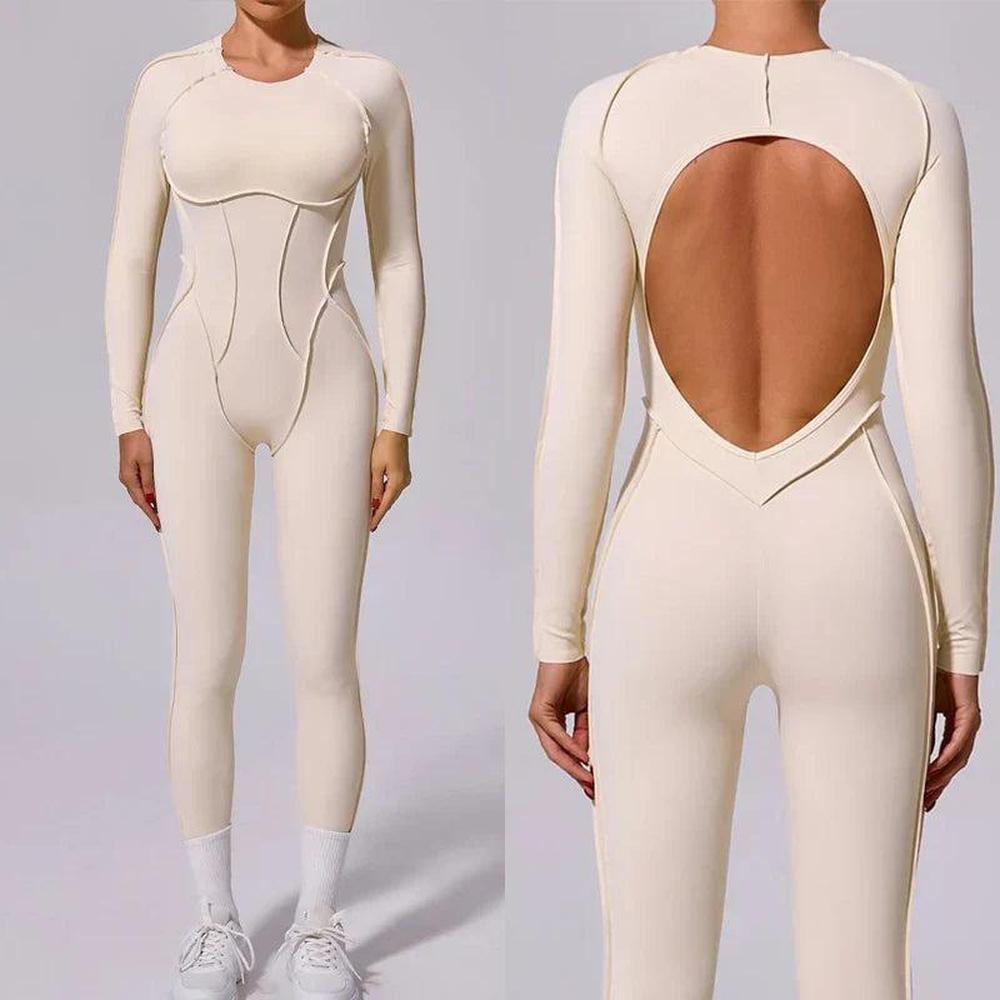 Combinaison Femme Chic Sculptante à Manches Longues et Dos Nu – Tissu Extensible et Confortable