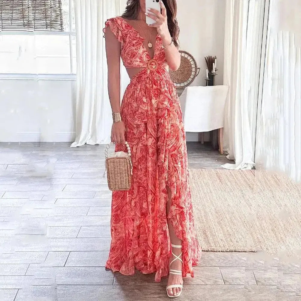 Robe de Soirée Longue Femme à Décolleté en V Floral – Élégante et Polyvalente pour Toutes Occasions