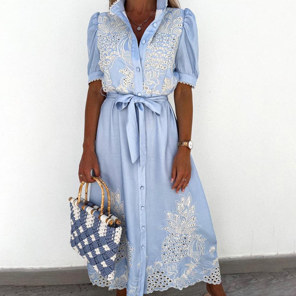 Elegant Long Cotton Dress for Women with Embroidery - Summer Maxi Dress Available in Sky Blue and White