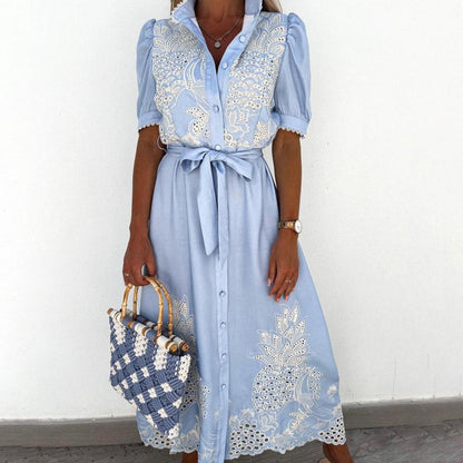 Elegant Long Cotton Dress for Women with Embroidery - Summer Maxi Dress Available in Sky Blue and White