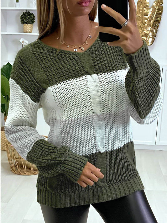 Sofia V Neck Sweater | Colorblock Knit, Relaxed Fit
