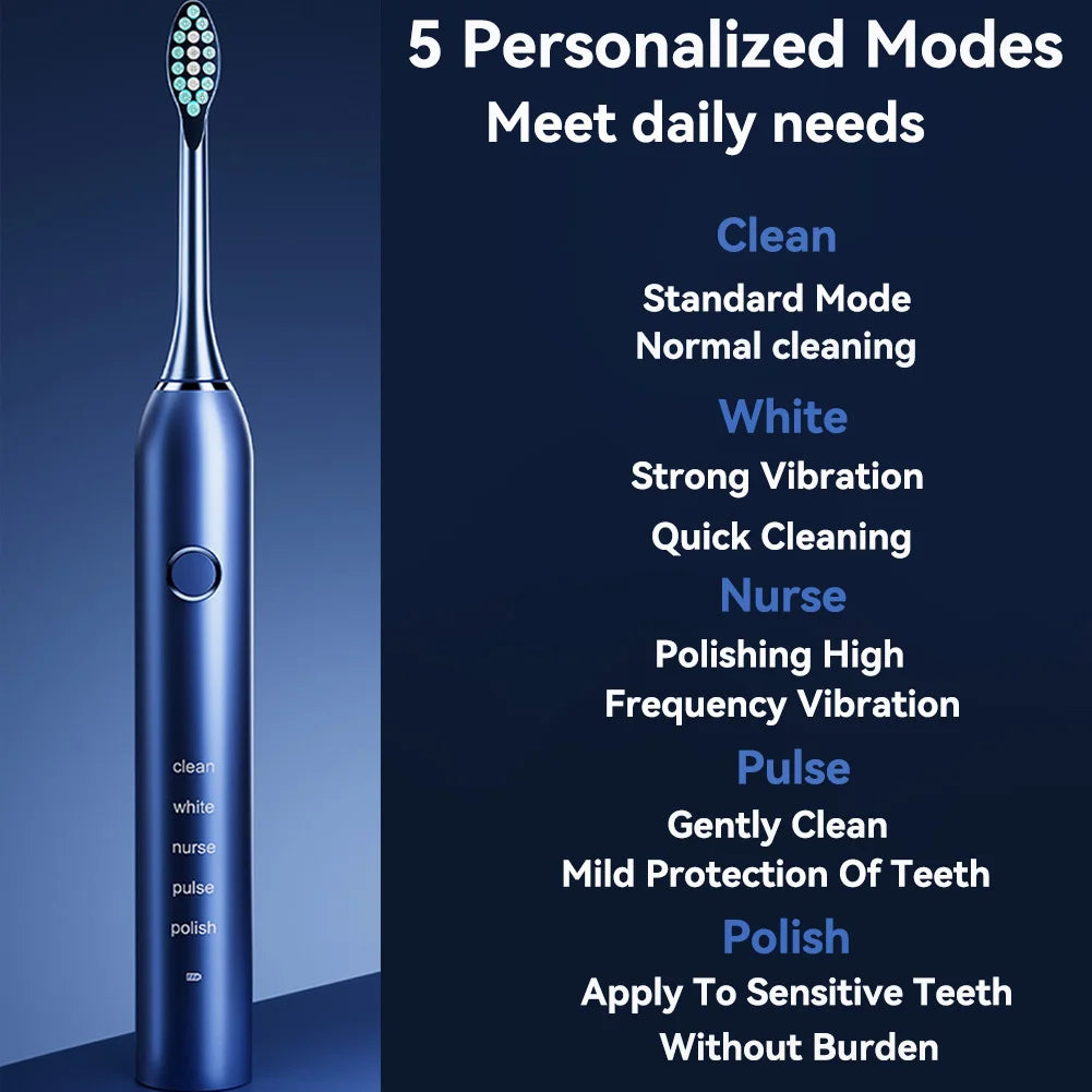 Sonic Electric Toothbrush with 4 Replacement Heads, 5 Modes, and 3 Intensity Levels – Rechargeable and Waterproof
