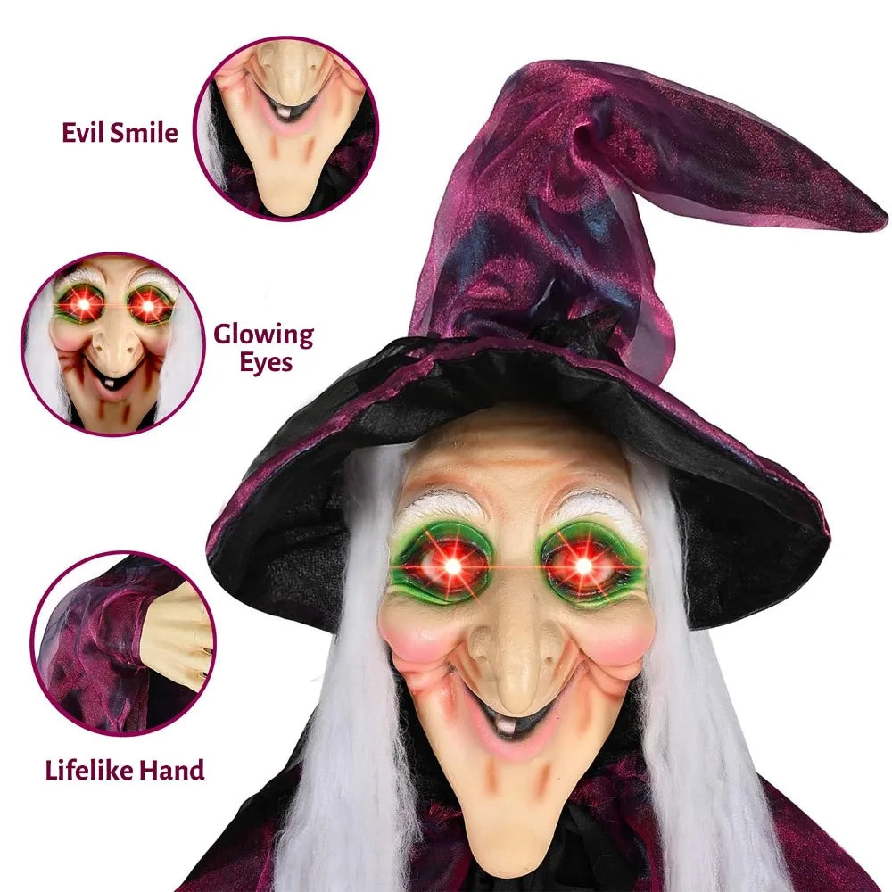Sorcière Animée de 1,8 m avec Yeux Lumineux et Sons Activés par le Son – Décoration d'Halloween Intérieure et Extérieure