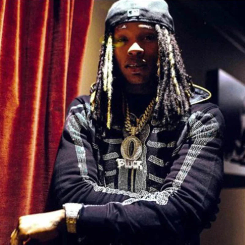 Sweatshirt Zippé Oversize pour Hommes avec Imprimé Squelette en Strass et Capuche en Coton 2