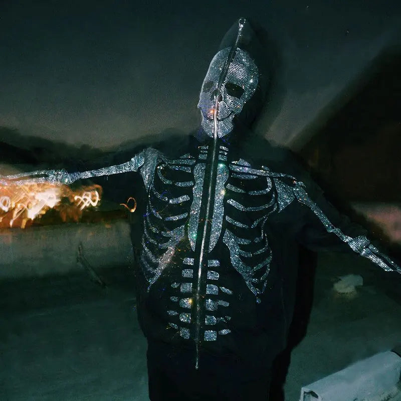 Sweatshirt Zippé Oversize pour Hommes avec Imprimé Squelette en Strass et Capuche en Coton 5