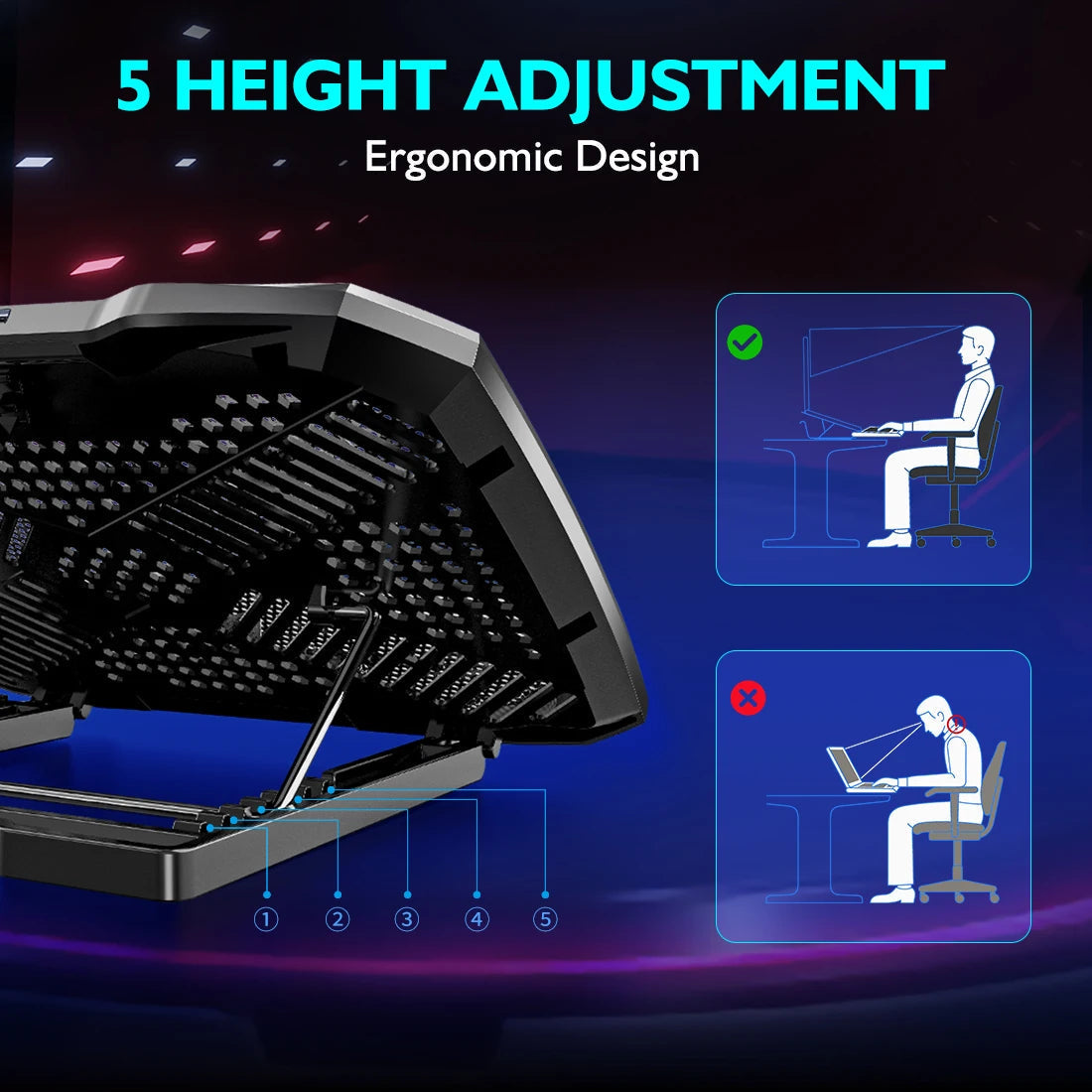 Cooling Pad for Laptop with 5 Silent Fans and Adjustable Height - Compatible 12 to 15.6 Inches