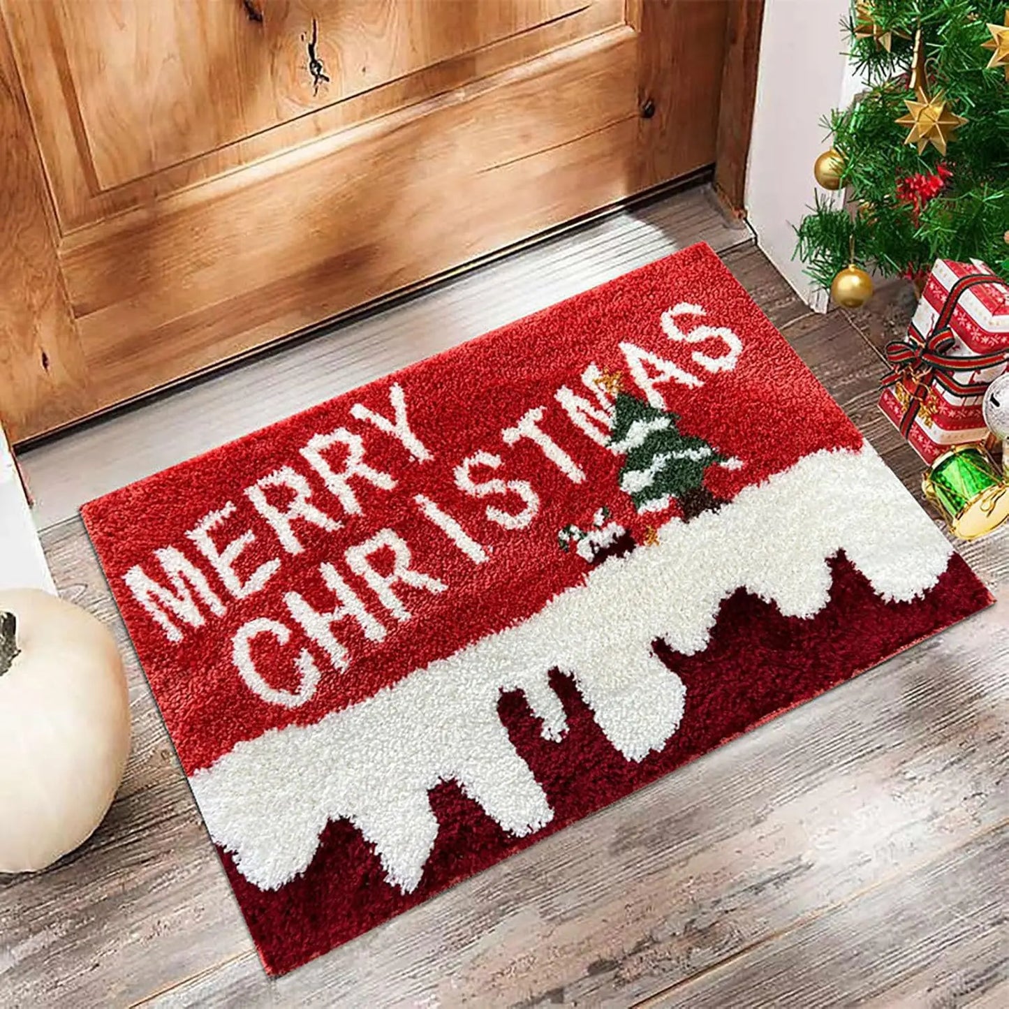 Red Christmas door mat with Santa Claus and gingerbread man – Indoor and outdoor decoration