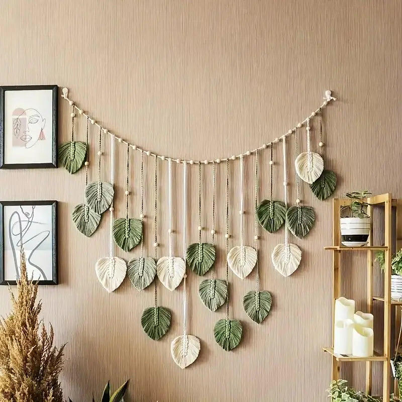 Tapisserie Murale en Macramé Naturel – Décoration Bohème pour Salon et Chambre, 60x90 cm, Couleurs Vert Foncé et Blanc Cassé