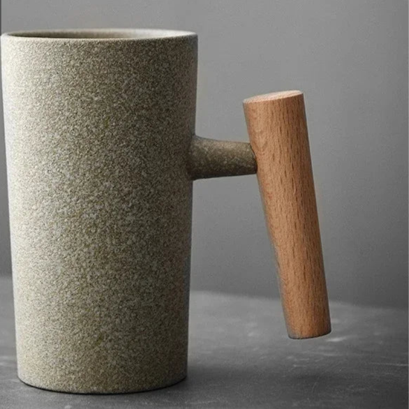 Tasse à café en grès japonais avec poignée en bois – Artisanat unique parfait pour les couples, design élégant et durable