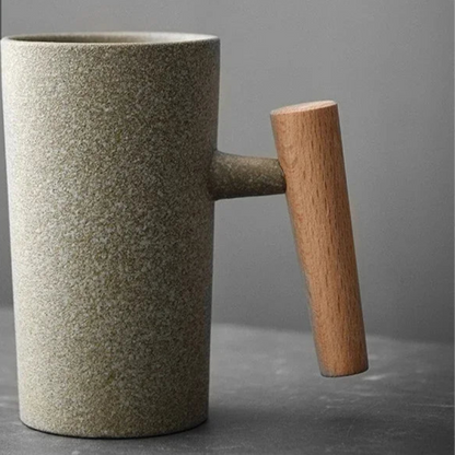 Tasse à café en grès japonais avec poignée en bois – Artisanat unique parfait pour les couples, design élégant et durable
