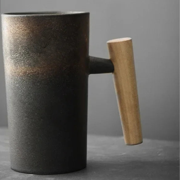 Tasse à Café en Grès Japonais avec Poignée en Bois – Artisanat Unique Parfaite pour Couples, Design Élégant et Durable