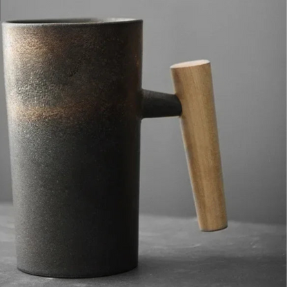 Tasse à café en grès japonais avec poignée en bois – Artisanat unique parfait pour les couples, design élégant et durable