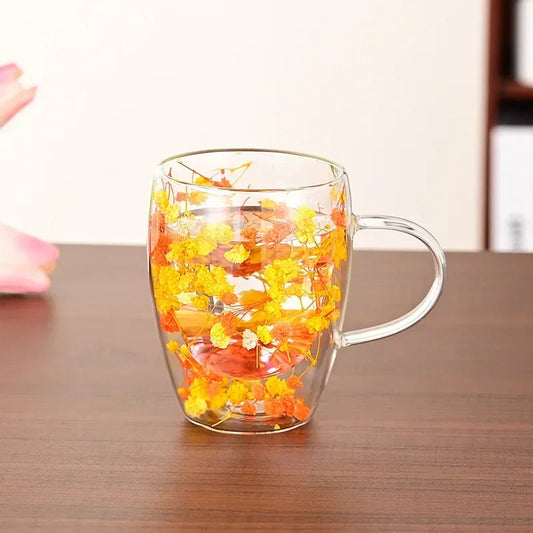Double Wall Glass Mug with Handle and Dried Flowers – 300 ml