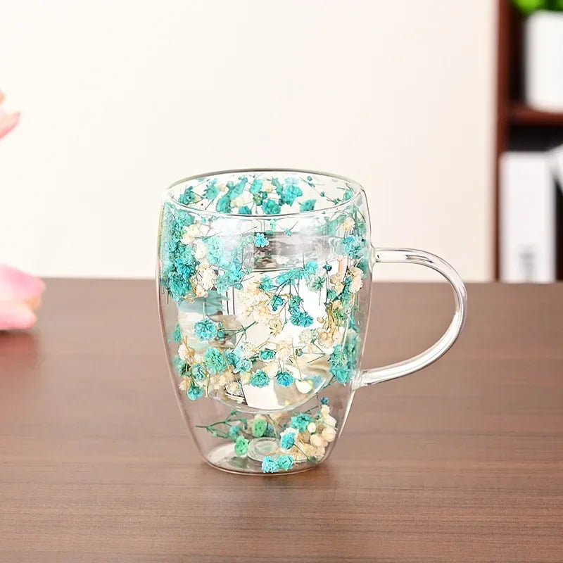 Tasse en Verre à Double Paroi avec Poignée et Fleurs Séchées – 300 ml