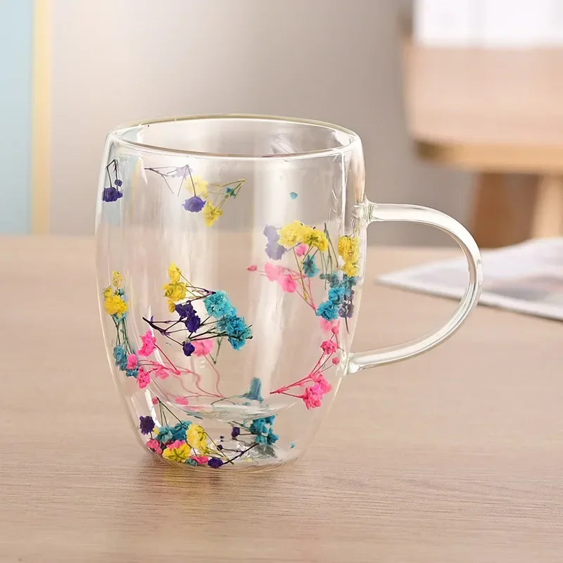 Tasse en Verre à Double Paroi avec Poignée et Fleurs Séchées – 300 ml