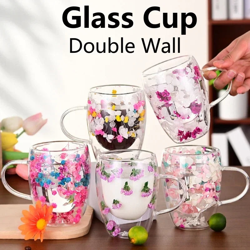 Tasse en Verre à Double Paroi avec Poignée et Fleurs Séchées – 300 ml