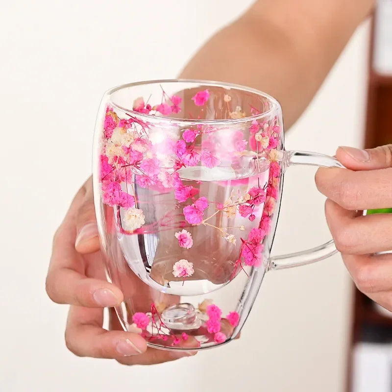 Tasse en Verre à Double Paroi avec Poignée et Fleurs Séchées – 300 ml