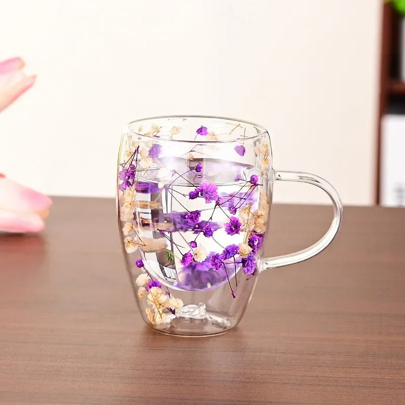 Tasse en Verre à Double Paroi avec Poignée et Fleurs Séchées – 300 ml