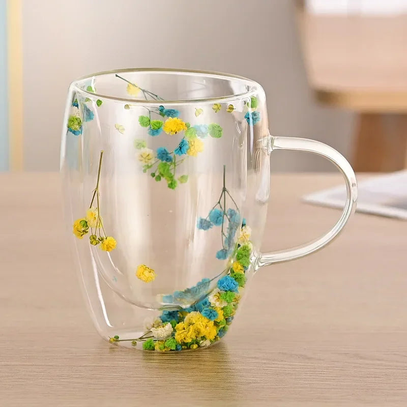 Tasse en Verre à Double Paroi avec Poignée et Fleurs Séchées – 300 ml
