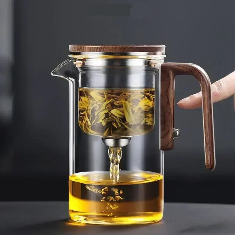Théière en Verre Borosilicaté avec Filtration et Poignée en Bois - 520ml, Système de Séparation d'Eau, Résistante à la Chaleur