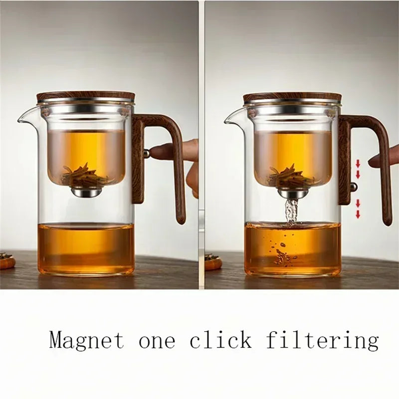Théière en Verre Borosilicaté avec Filtration et Poignée en Bois - 520ml, Système de Séparation d'Eau, Résistante à la Chaleur