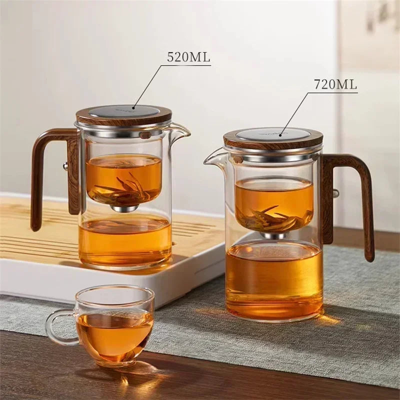 Théière en Verre Borosilicaté avec Filtration et Poignée en Bois - 520ml, Système de Séparation d'Eau, Résistante à la Chaleur