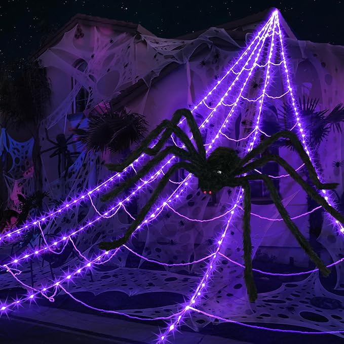 Toile d'Araignée Halloween Extérieure avec 290 Lumières LED et Araignée Géante de 78,7 – Décoration Halloween Maison Effrayante