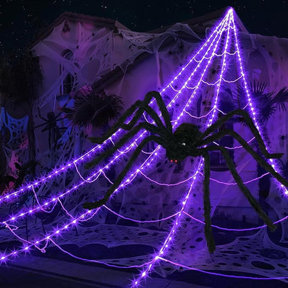 Halloween Outdoor Spider Web with 290 LED Lights and Giant 78.7 Spider – Scary Halloween House Decoration