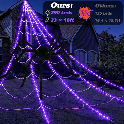 Halloween Outdoor Spider Web with 290 LED Lights and Giant 78.7 Spider – Scary Halloween House Decoration