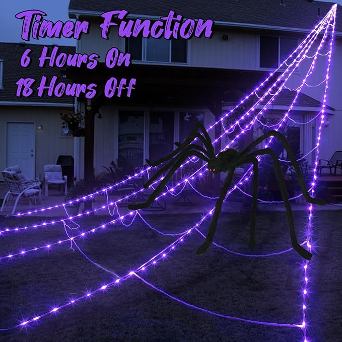 Halloween Outdoor Spider Web with 290 LED Lights and Giant 78.7 Spider – Scary Halloween House Decoration