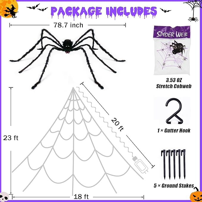 Toile d'Araignée Halloween Extérieure avec 290 Lumières LED et Araignée Géante de 78,7 – Décoration Halloween Maison Effrayante