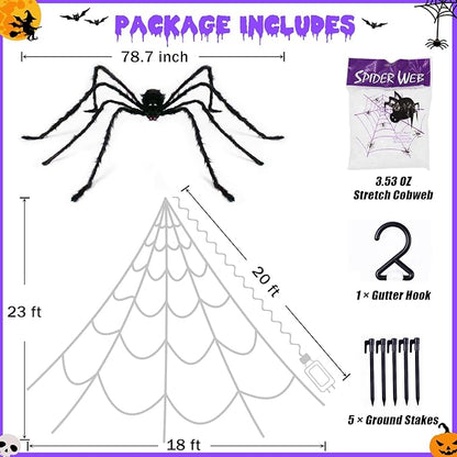 Halloween Outdoor Spider Web with 290 LED Lights and Giant 78.7 Spider – Scary Halloween House Decoration