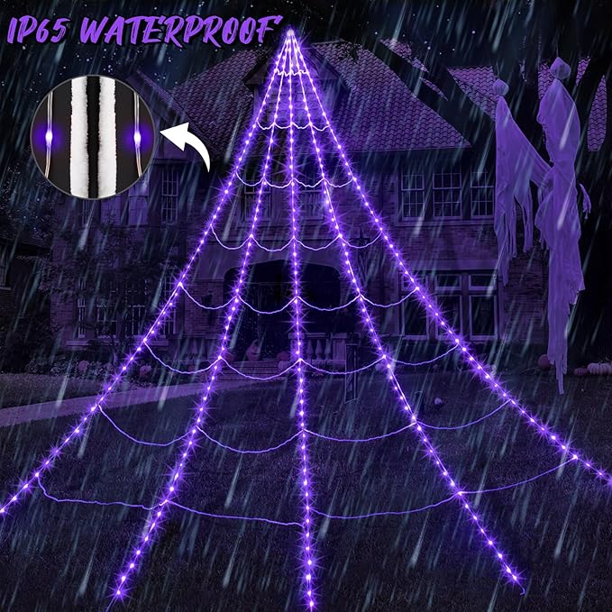 Halloween Outdoor Spider Web with 290 LED Lights and Giant 78.7 Spider – Scary Halloween House Decoration