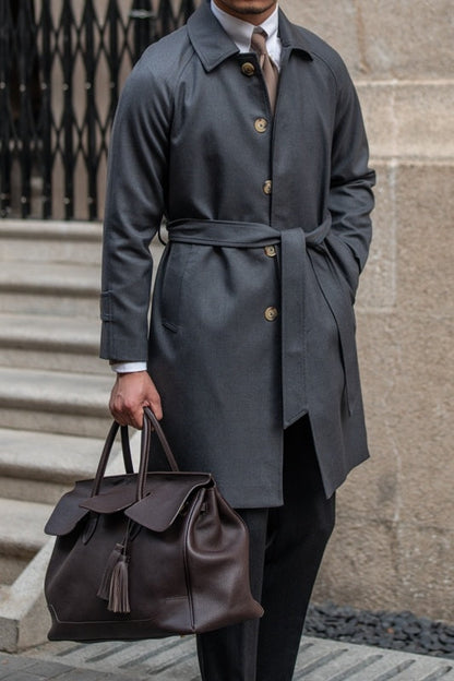 Men's Mid-Thigh Trench Coat in Polyester and Wool Blend with Belt